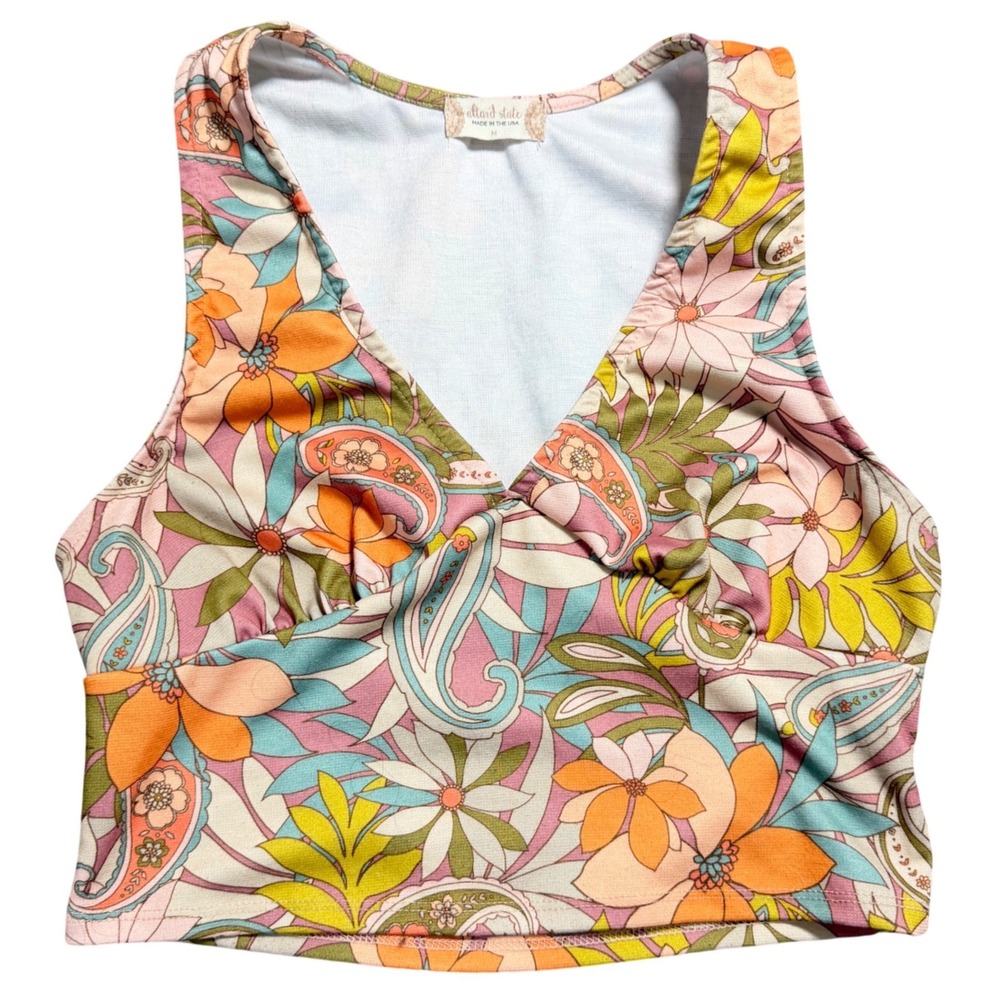 Floral Paisley V-Neck Crop Top‎ Sleeveless Retro Print Medium 60s Flower Power✌️